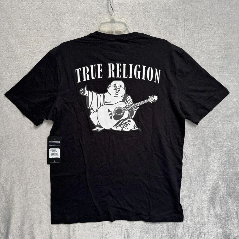 True Religion Shirt Mens Large Black Buddha Guitar Graphic‎ Tee Brand Jeans